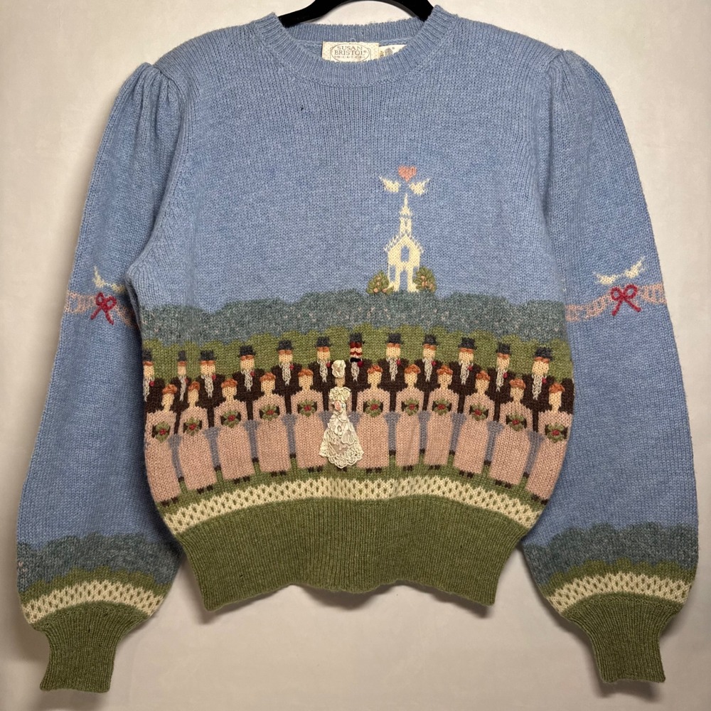 RARE Vtg Hand Embroidered‎ Wedding Sweater 100% Pure Wool Shetland Cottagecore
